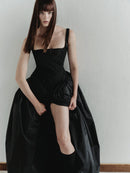 Black Taffeta Maxi Dress with Pleats