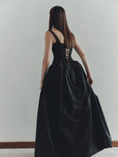 Black Taffeta Maxi Dress with Pleats
