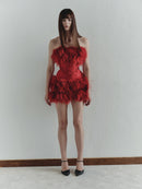 Red Mini Dress with Eyelet and Feather Trim