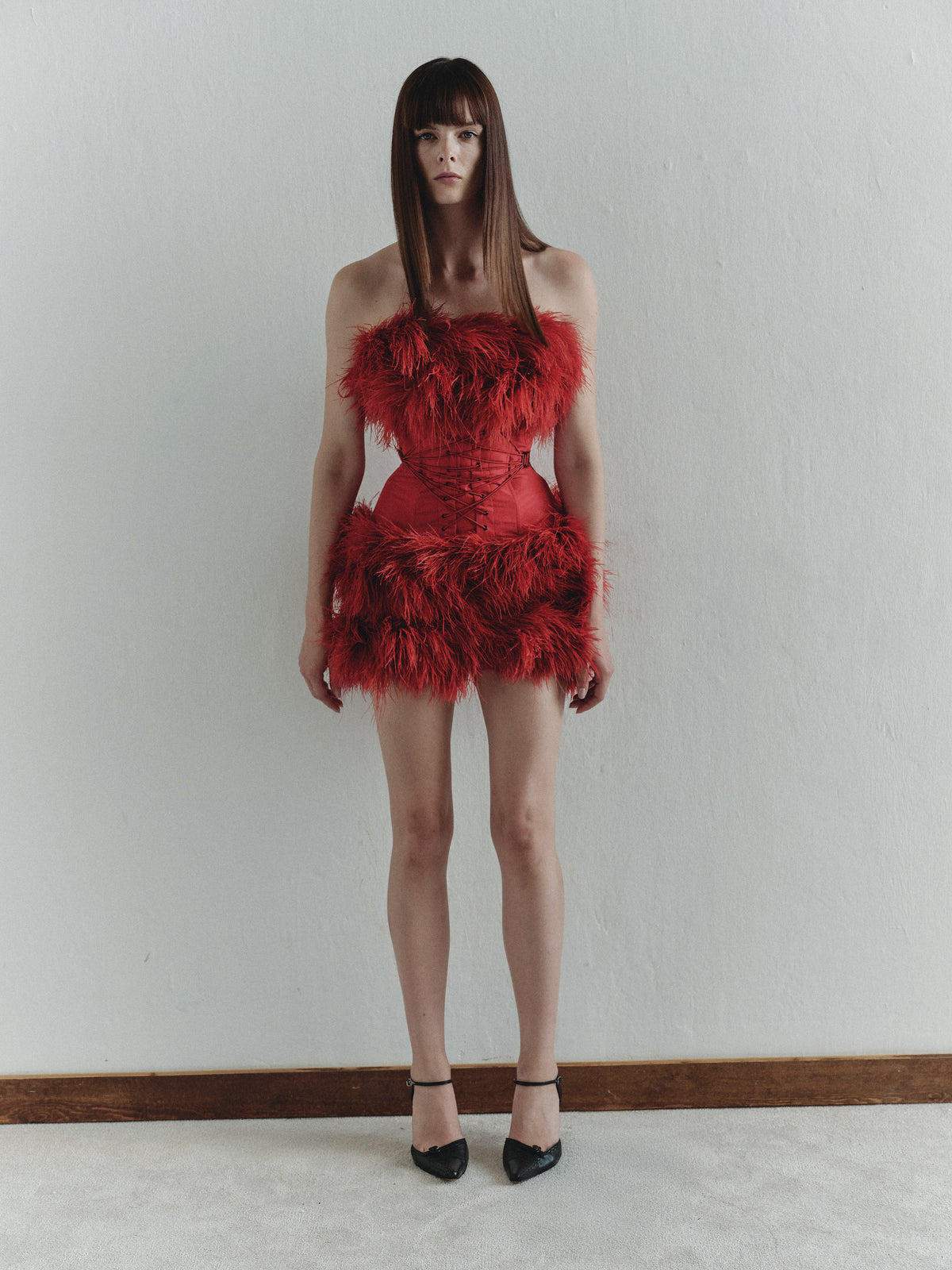 Red Mini Dress with Eyelet and Feather Trim