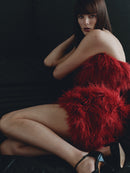 Red Mini Dress with Eyelet and Feather Trim