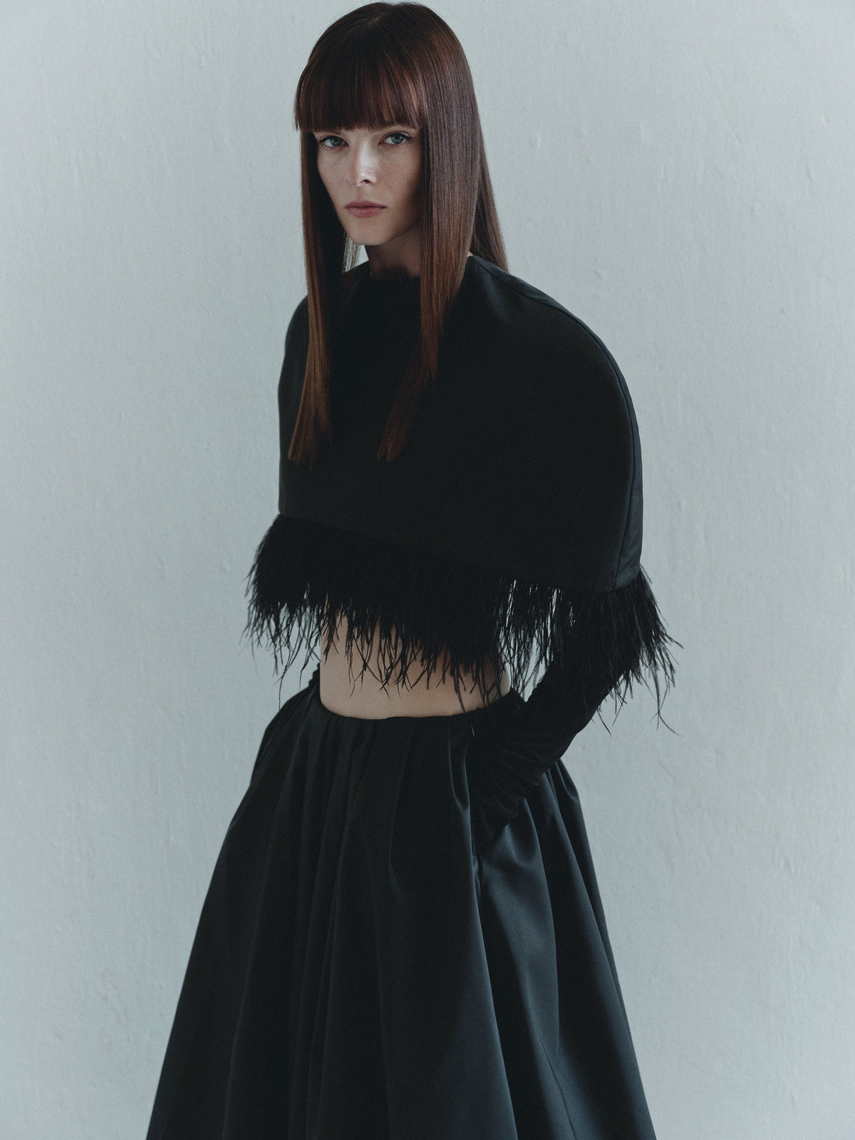Black Taffeta Top with Feather Trim and Gloves