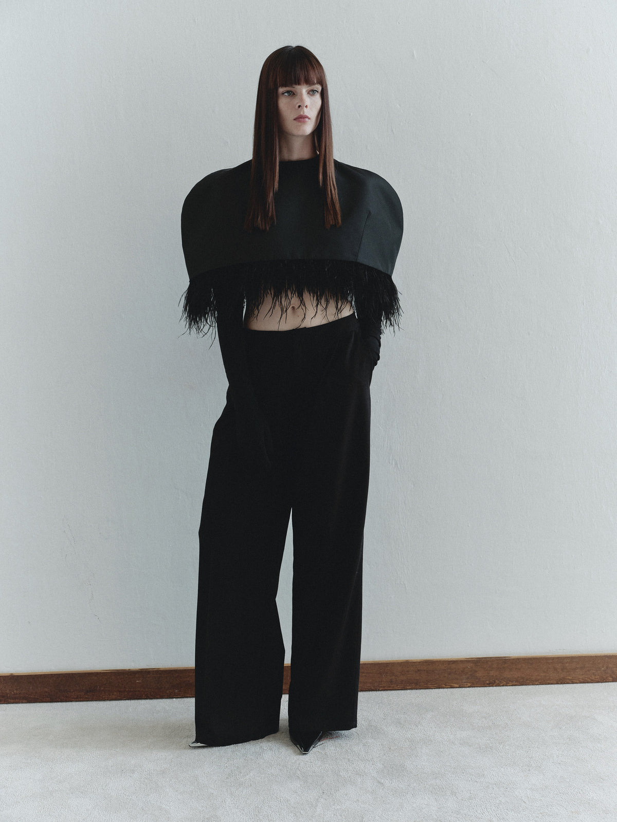 Black Taffeta Top with Feather Trim and Gloves