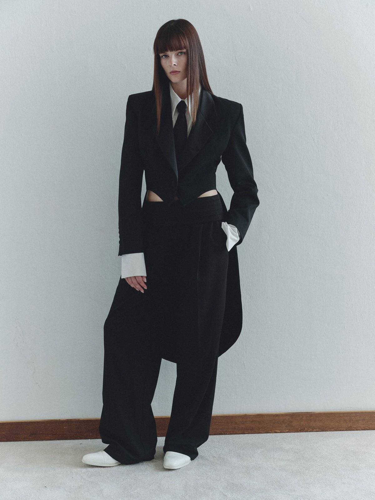 White Crop Padded Shirt with Black Tie