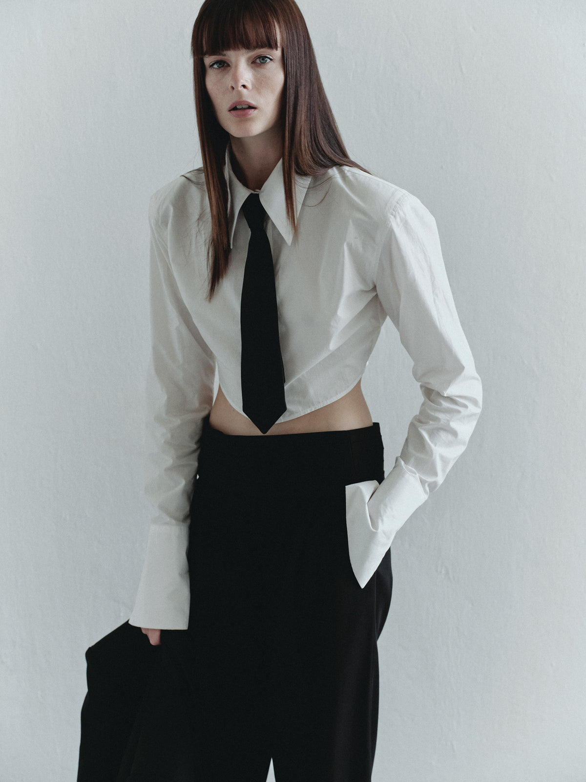 White Crop Padded Shirt with Black Tie