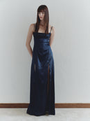 Navy Satin Dress with Side Slits