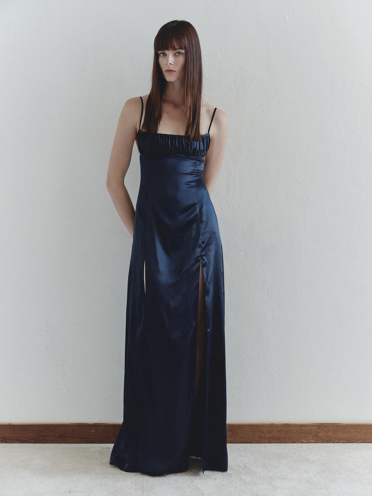 Navy Satin Dress with Side Slits