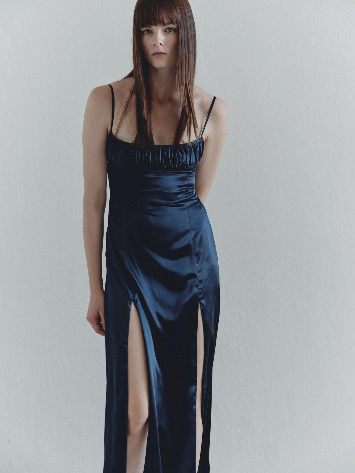 Navy Satin Dress with Side Slits
