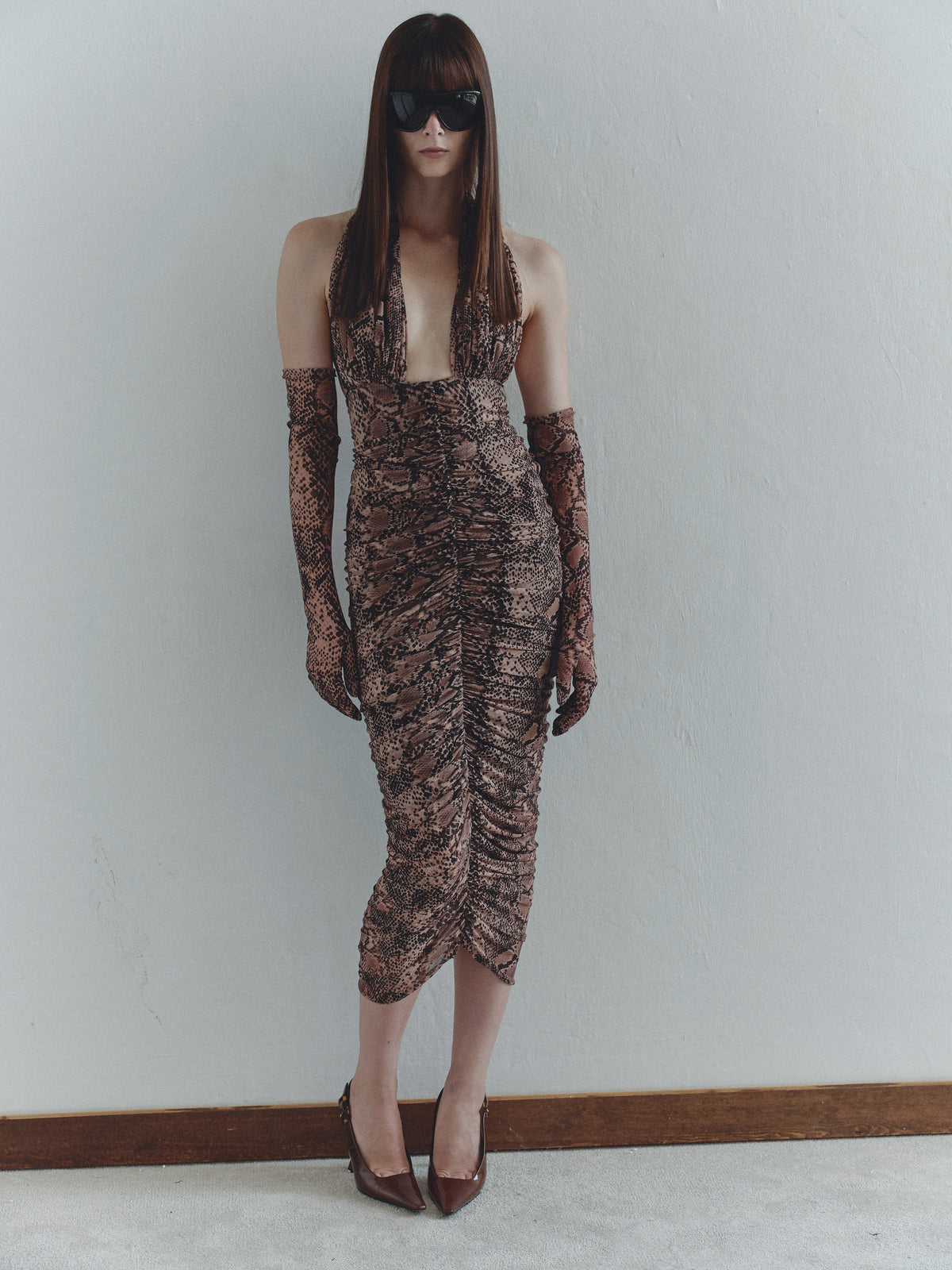 Snake Print Tulle Long Dress with Gloves