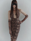 Snake Print Tulle Long Dress with Gloves
