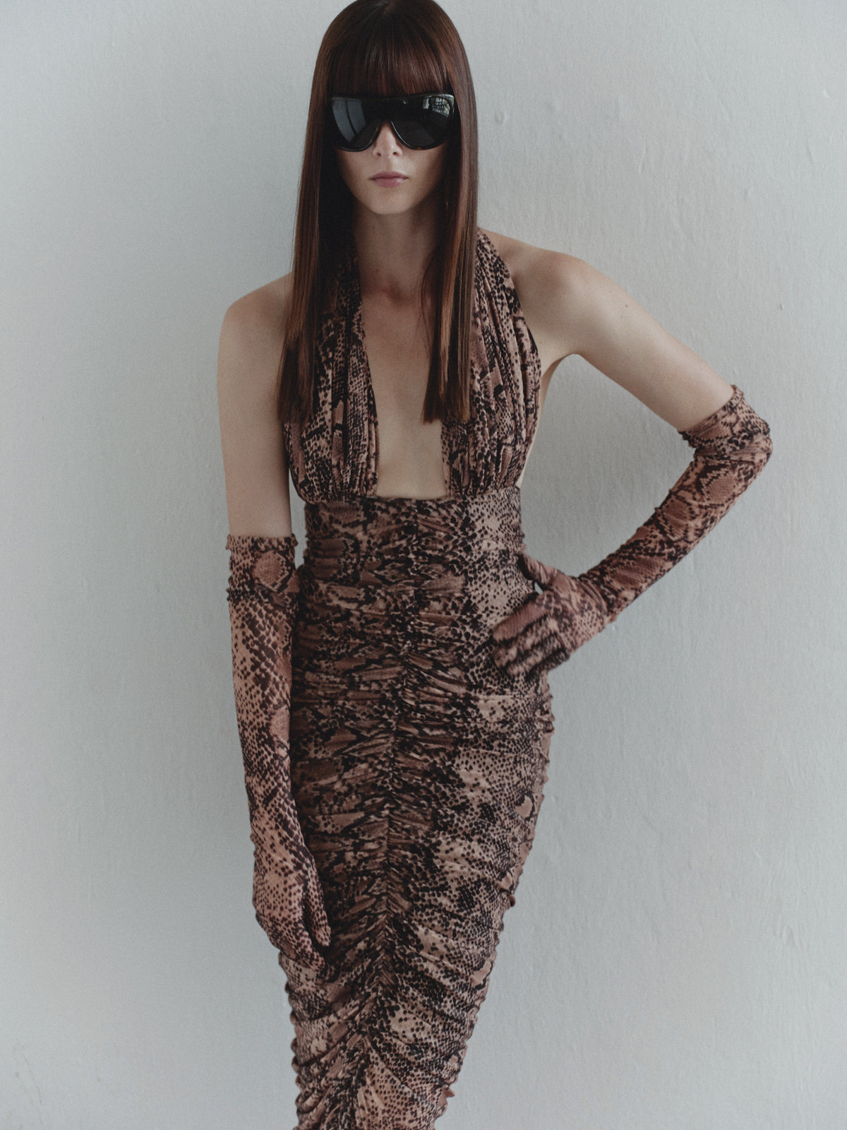 Snake Print Tulle Long Dress with Gloves