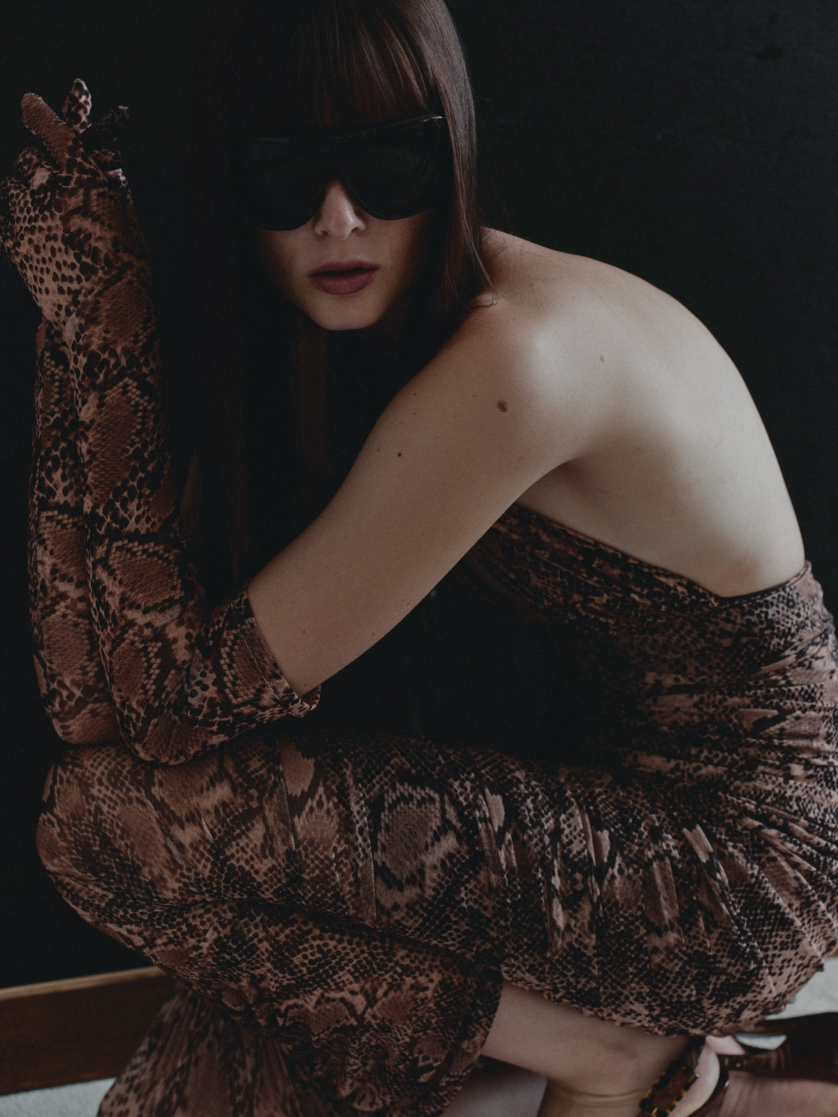 Snake Print Tulle Long Dress with Gloves