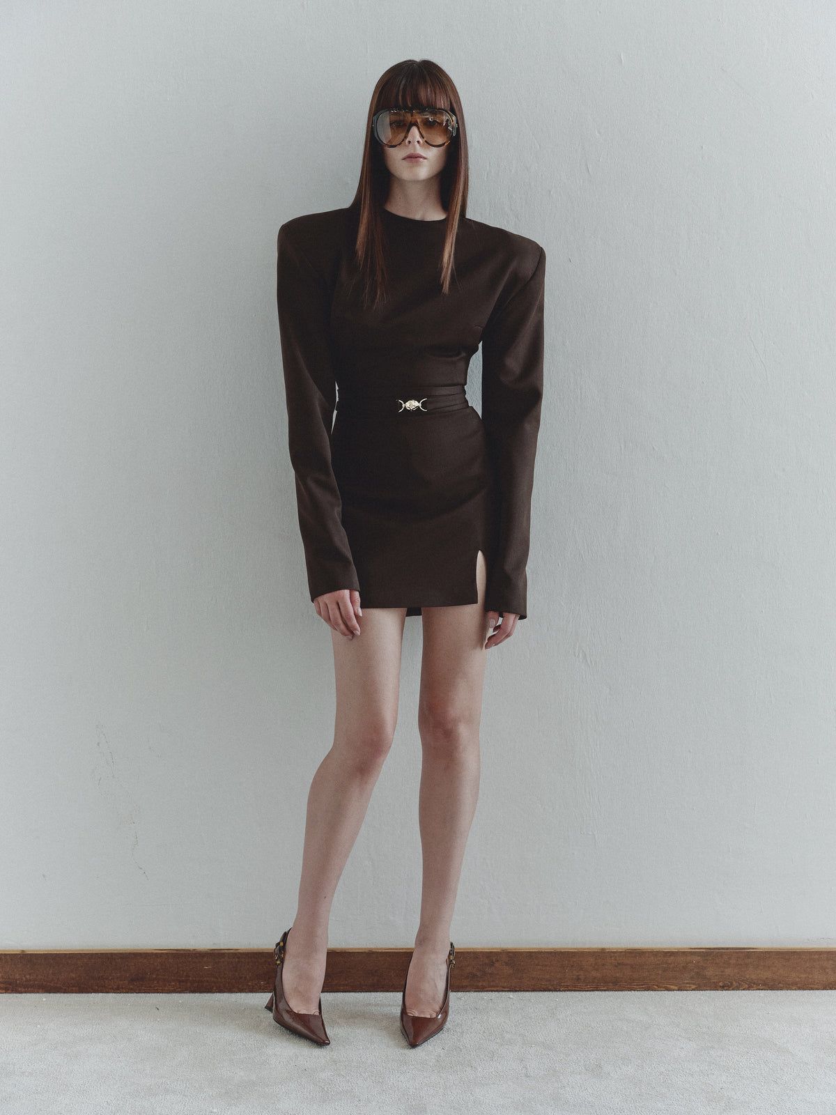 Brown Mini Padded Dress with Gold Pleated Hand-Made Accesory