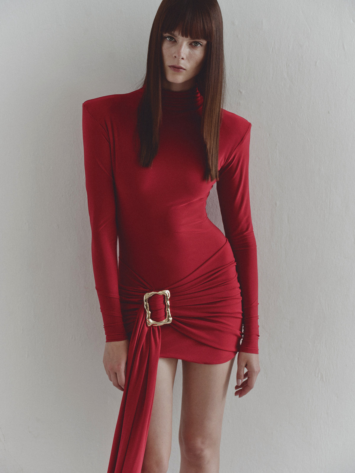 Red Mini Dress with Gold Pleated Hand-Made Belt