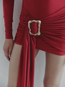 Red Mini Dress with Gold Pleated Hand-Made Belt