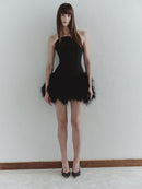 Black Mini Dress with Feather Trim