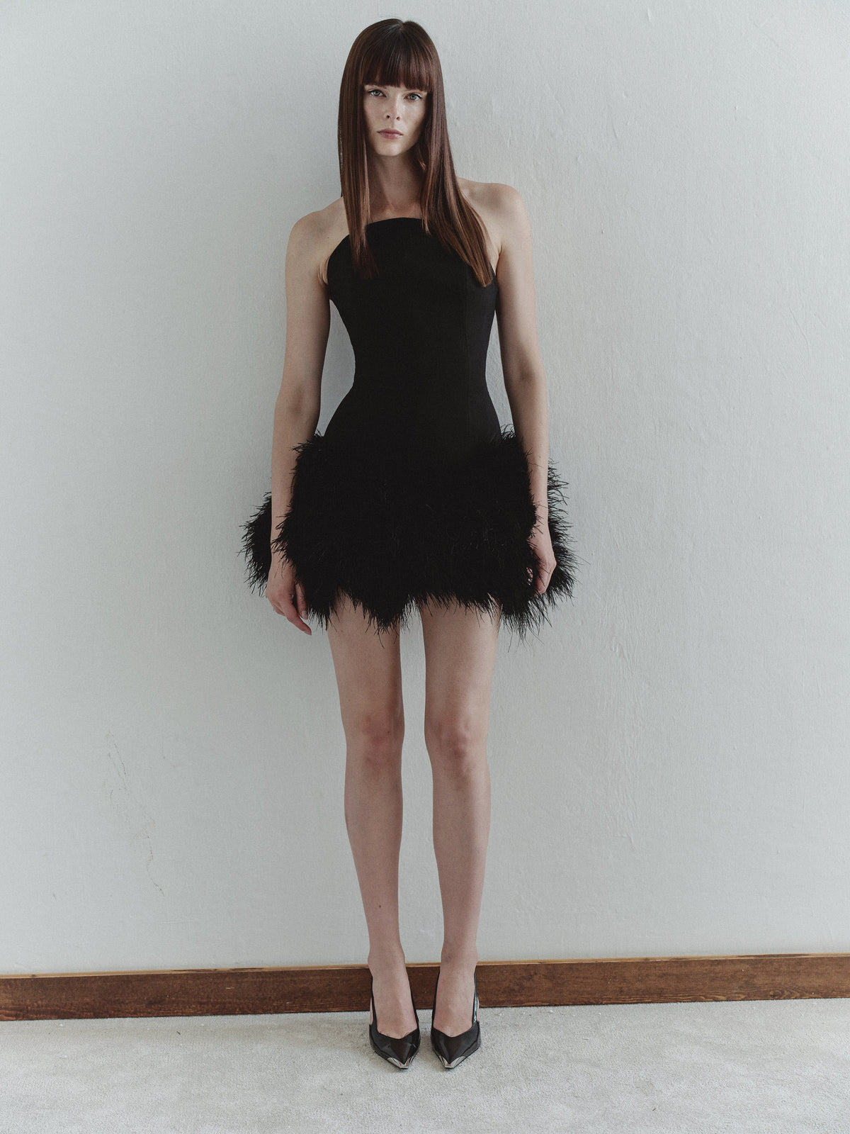 Black Mini Dress with Feather Trim