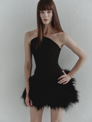 Black Mini Dress with Feather Trim