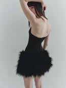 Black Mini Dress with Feather Trim