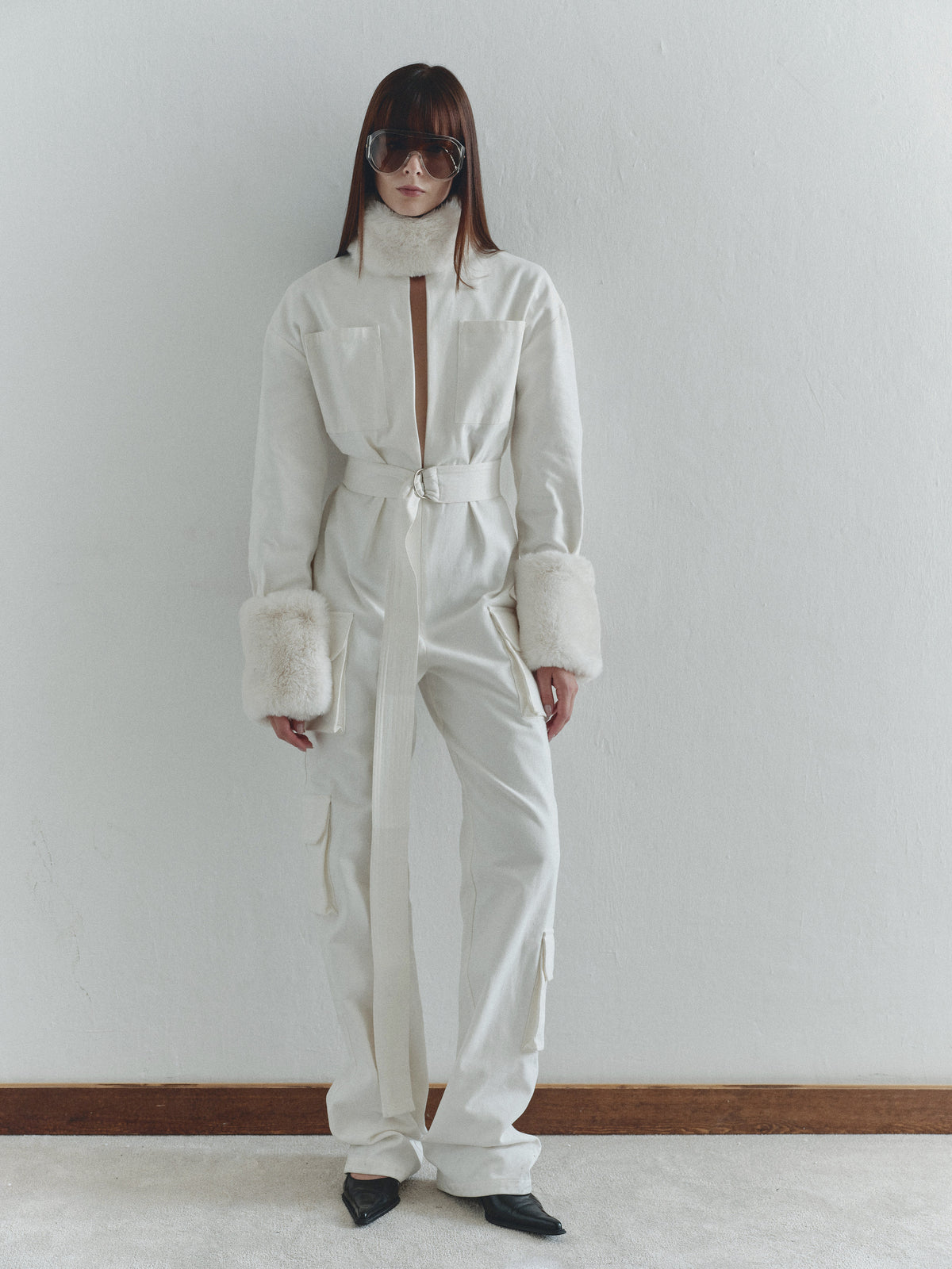 White Cargo Jumpsuit with Fur Details