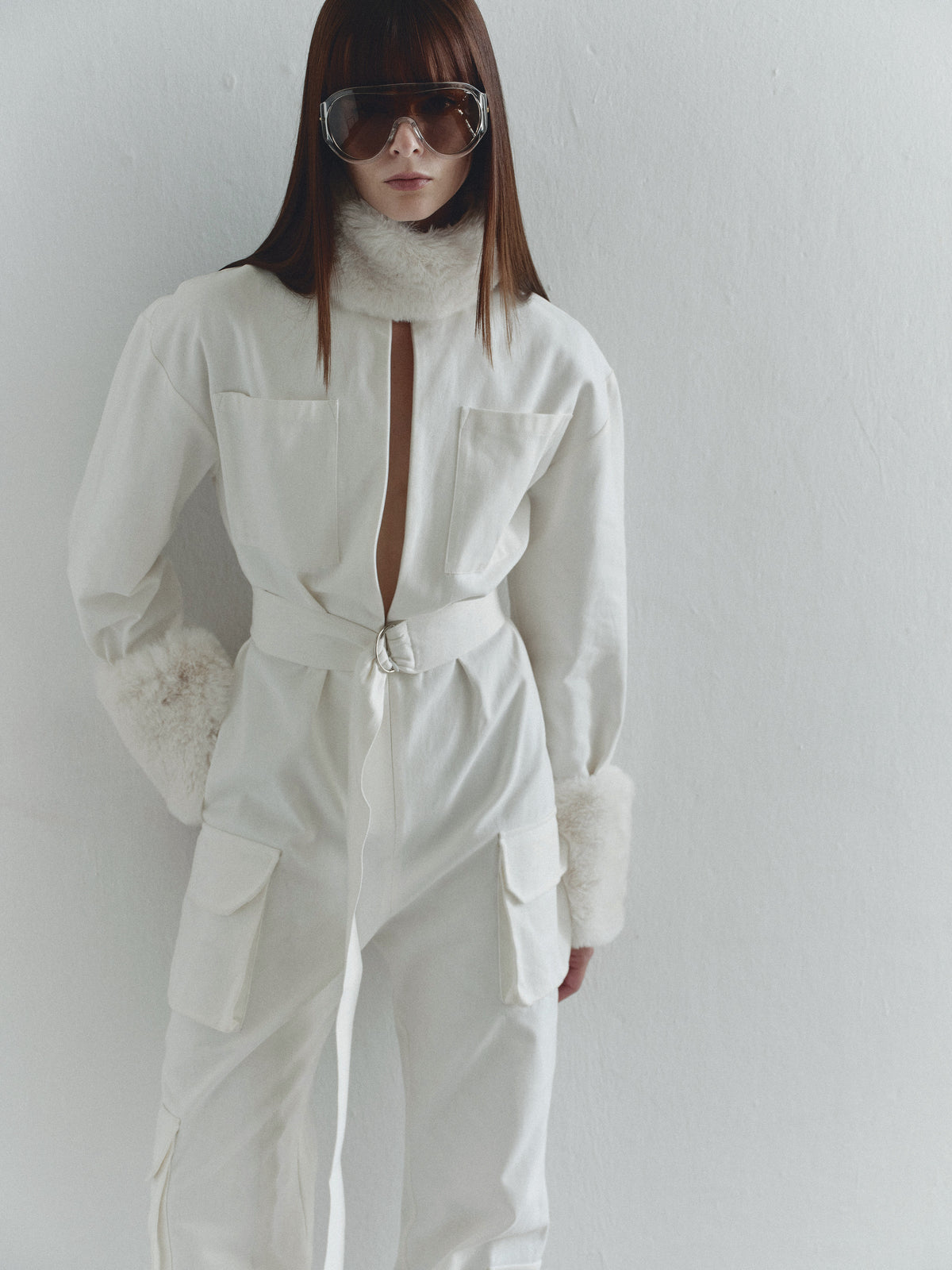 White Cargo Jumpsuit with Fur Details