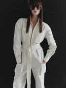 White Cargo Jumpsuit with Fur Details
