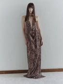 Snake Print Chiffon Dress with Gold Pleated Hand-Made Accessory