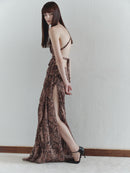 Snake Print Chiffon Dress with Gold Pleated Hand-Made Accessory