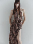 Snake Print Chiffon Dress with Gold Pleated Hand-Made Accessory
