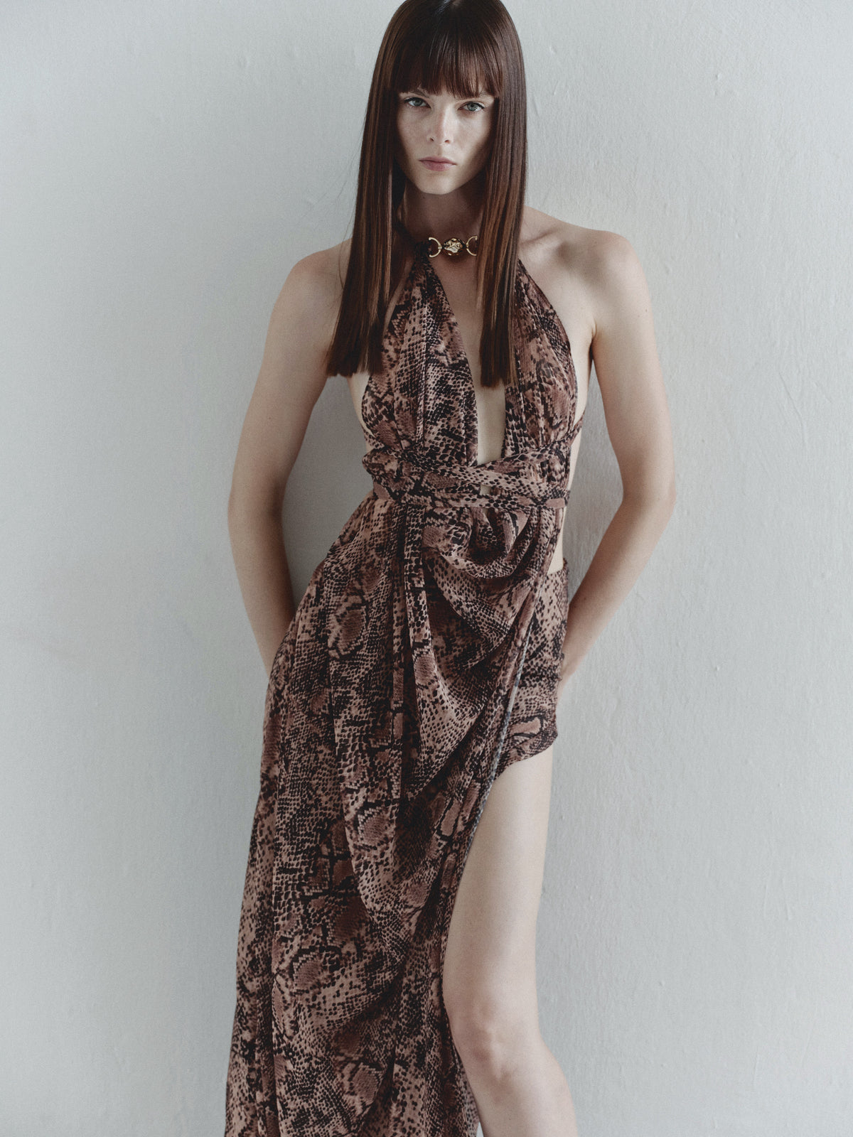 Snake Print Chiffon Dress with Gold Pleated Hand-Made Accessory
