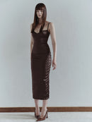 Brown Midi Dress with Eyelet Details