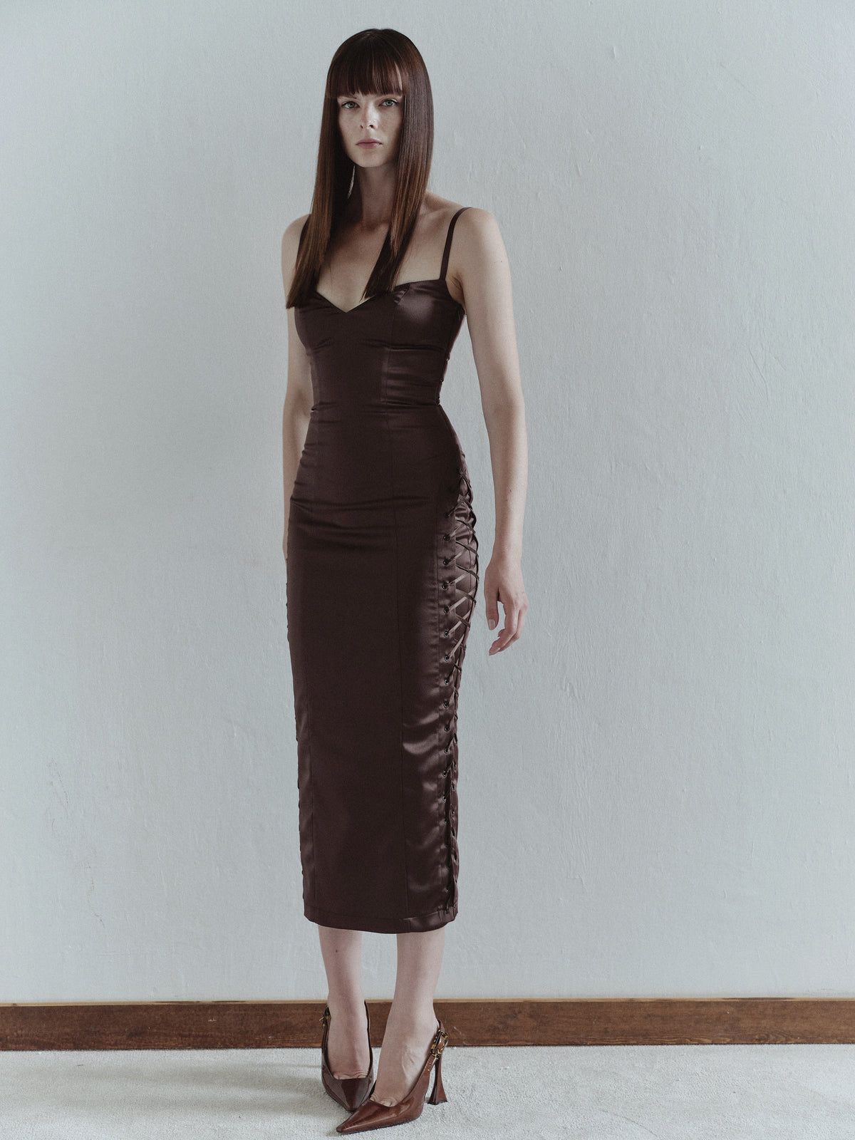 Brown Midi Dress with Eyelet Details