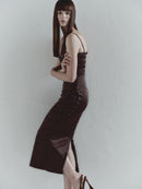 Brown Midi Dress with Eyelet Details