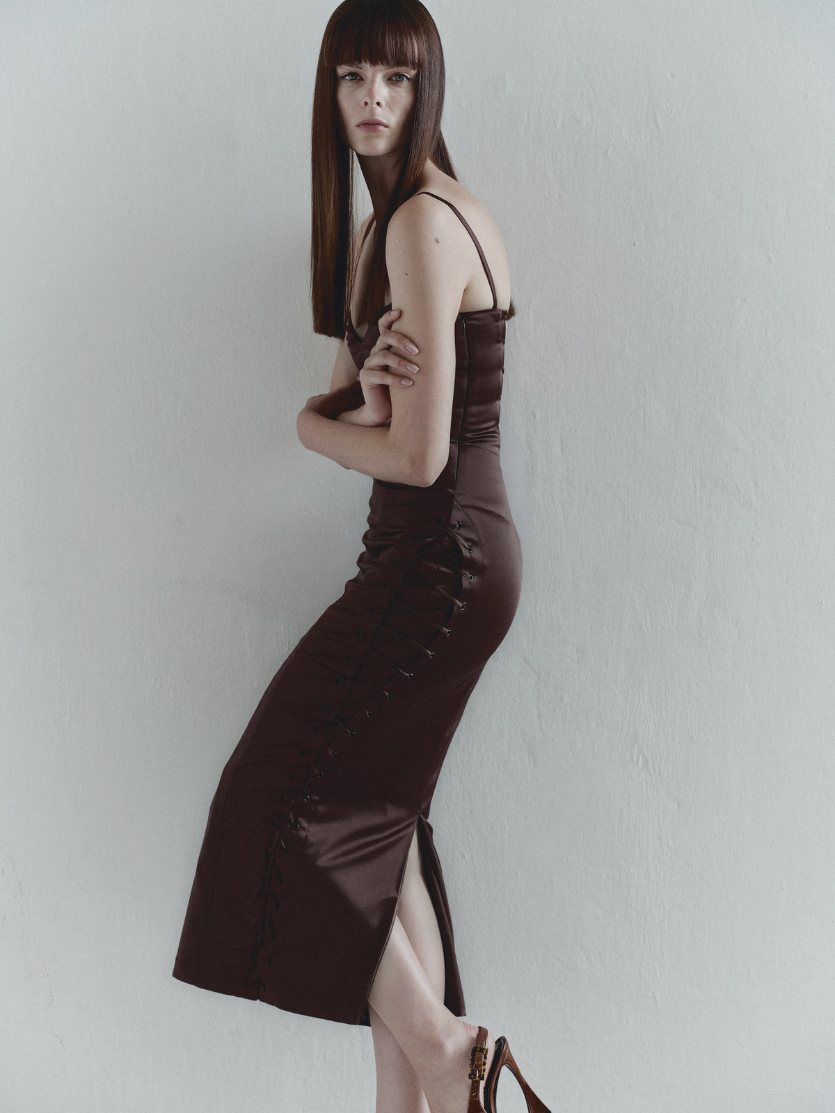 Brown Midi Dress with Eyelet Details