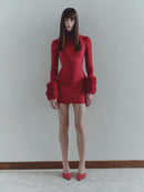 Red Mini Dress with Fur Details