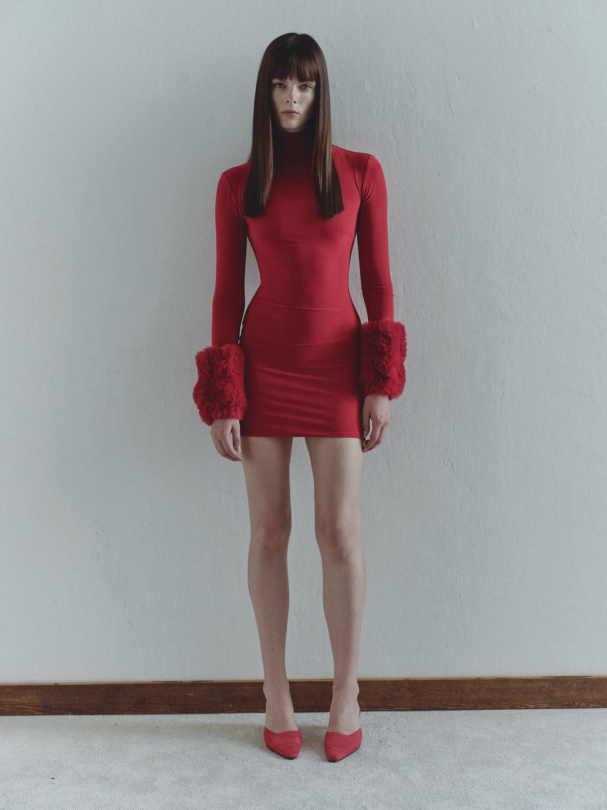 Red Mini Dress with Fur Details