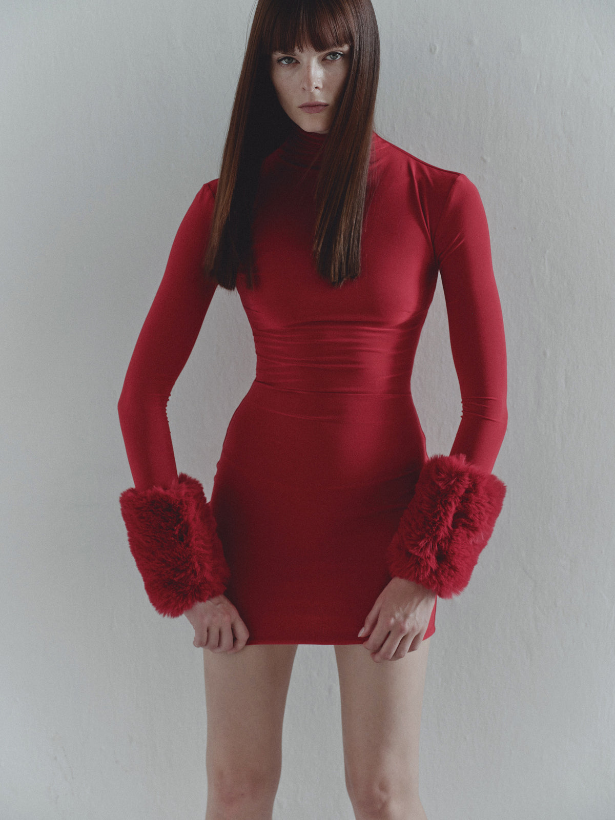 Red Mini Dress with Fur Details