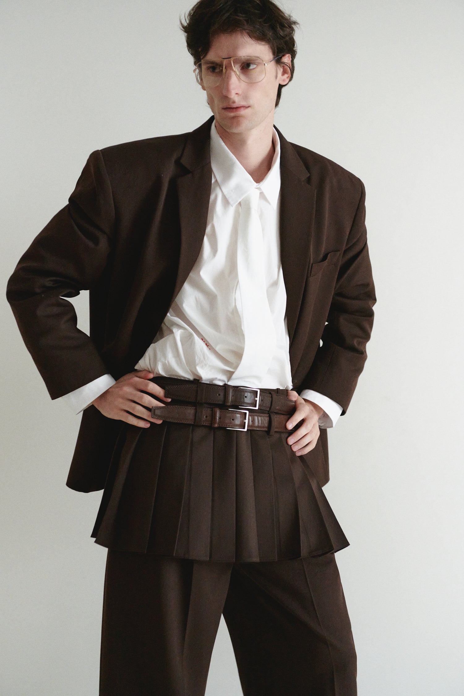 Brown Pleated Mini Skirt with Double Belt Loop