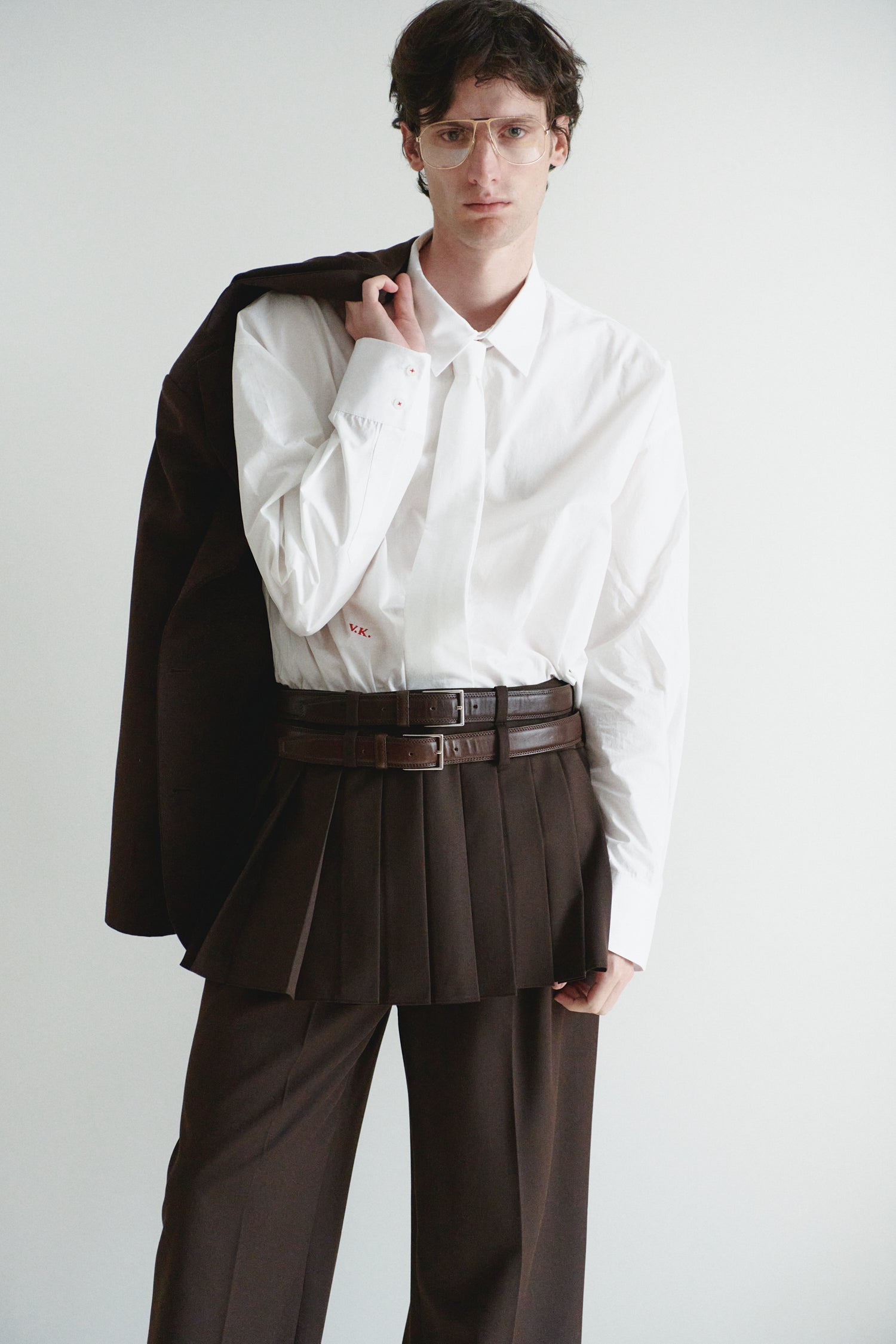 Brown Pleated Mini Skirt with Double Belt Loop