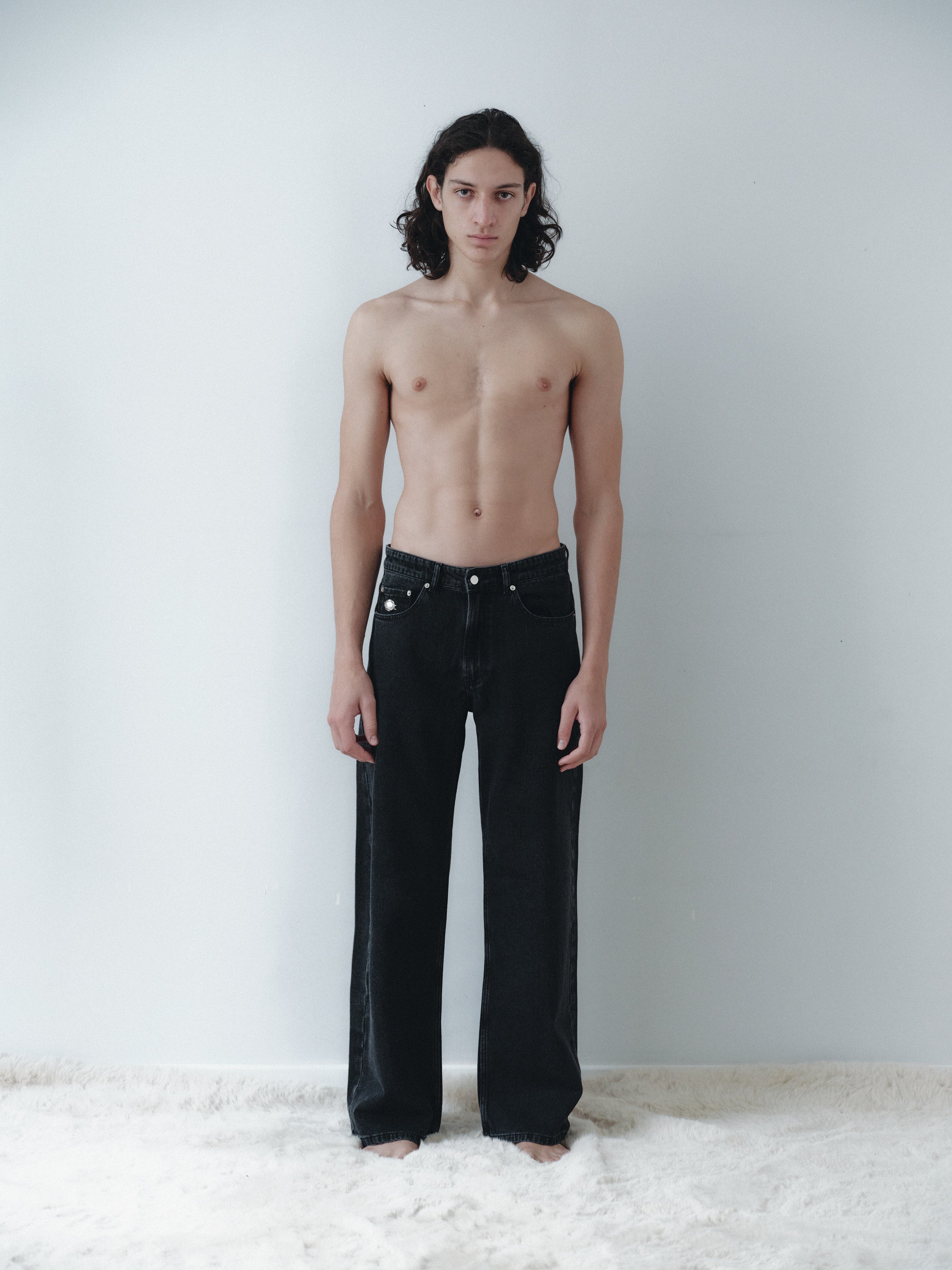 Black Wide Cut Mid Waist Jean with Hand-Made Silver Pleated Accesory