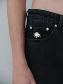 Black Wide Cut Mid Waist Jean with Hand-Made Silver Pleated Accesory