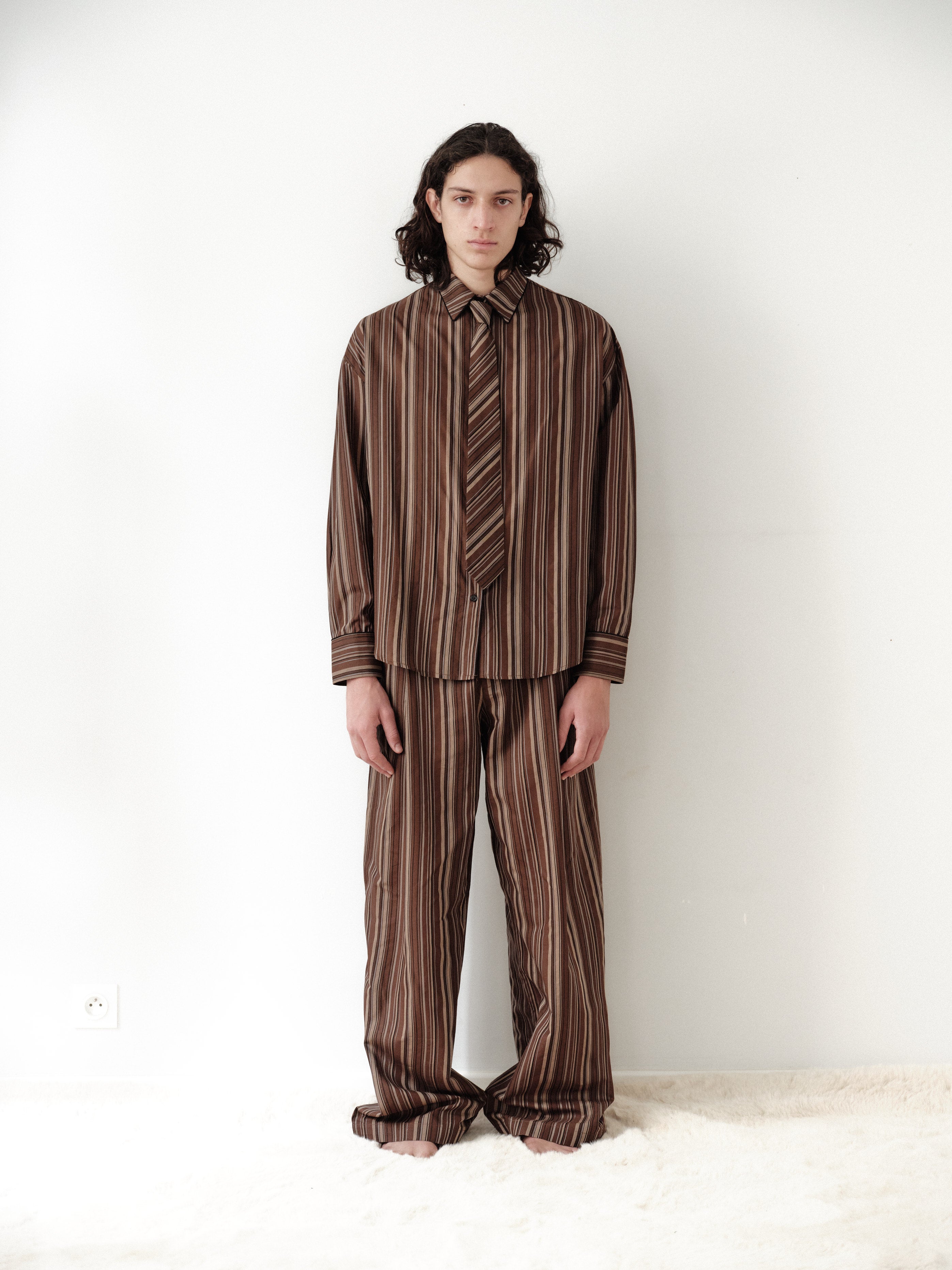 Brown Striped Oversize Unisex Shirt with Tie
