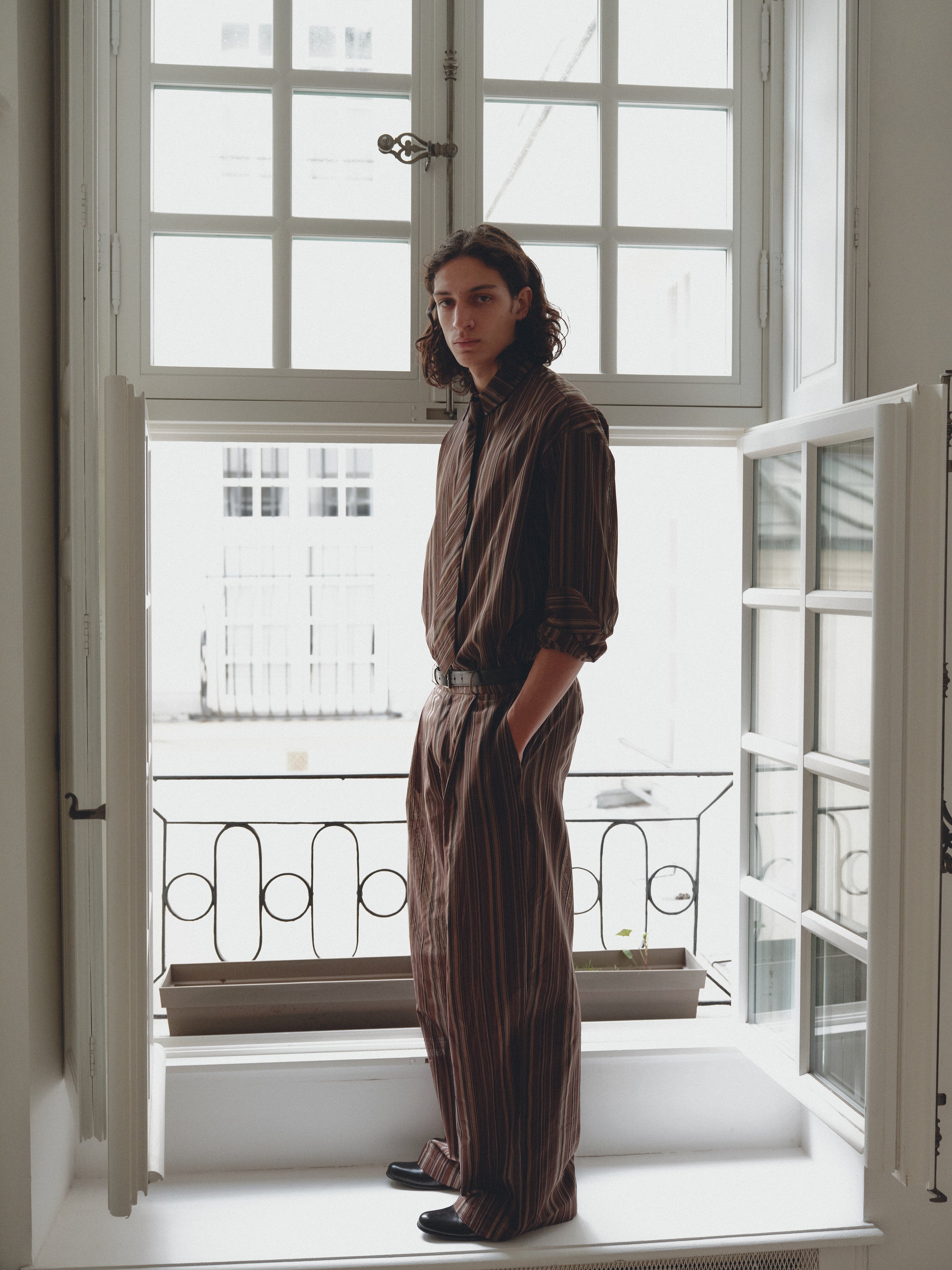 Brown Striped Oversize Unisex Shirt with Tie