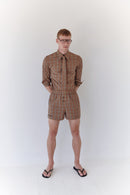 Kahverengi Ekose Kravatlı Unisex Gömlek
